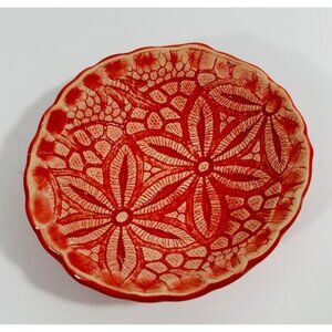 Handcrafted Red Floral Ceramic Bowl Textured Lace / Floral Design Decorative